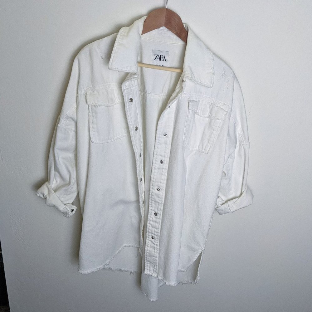 Zara White Denim Distressed Button Up Shacket